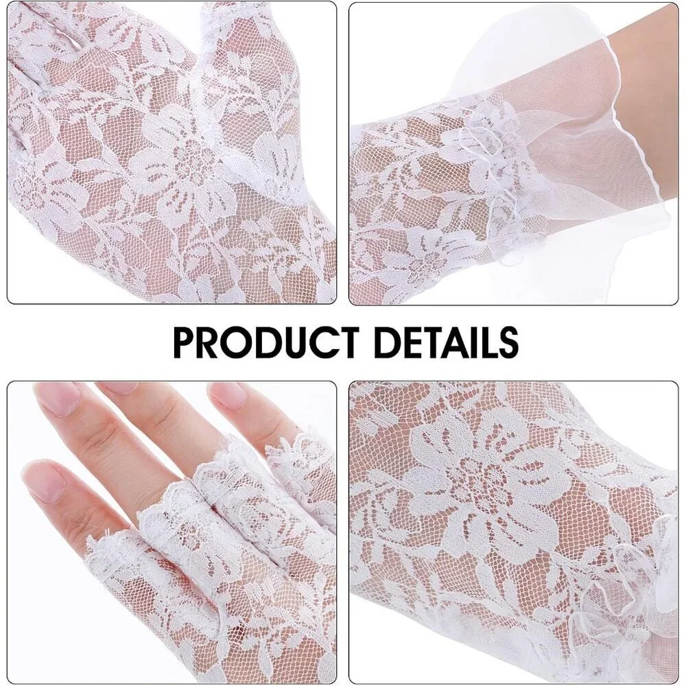 Women's White Lace Short Floral Finger Less Dress Up Costume Gloves